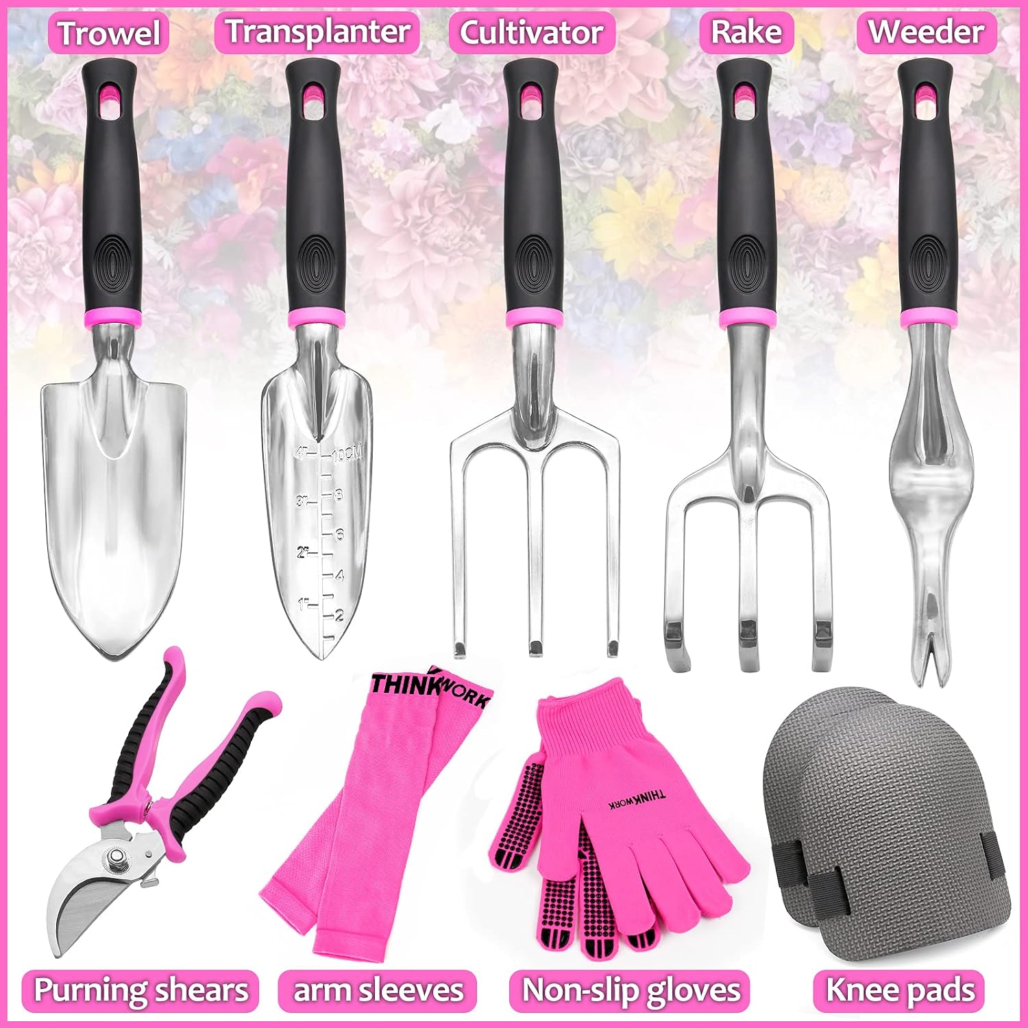 THINKWORK Pink Garden Tools, Gardening Gifts for Women, with 2 in 1 Detachable Storage Bag, Trowel, Transplanter, Rake