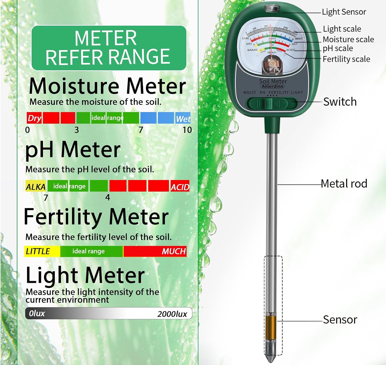 Soil Test Kit, 4-in-1 Soil Moisture Meter/Light/Fertility/Soil PH Meter for Gardening, No Need Battery Soil Tester for