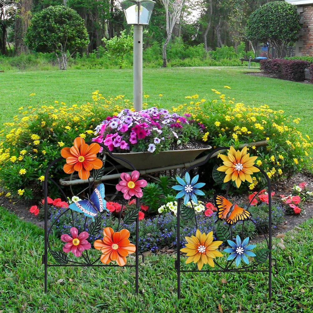 hogardeck Garden Decor for Outside, Set of 2 Metal Fence Decorative Garden Stakes with Flowers for Spring Decor, Yard
