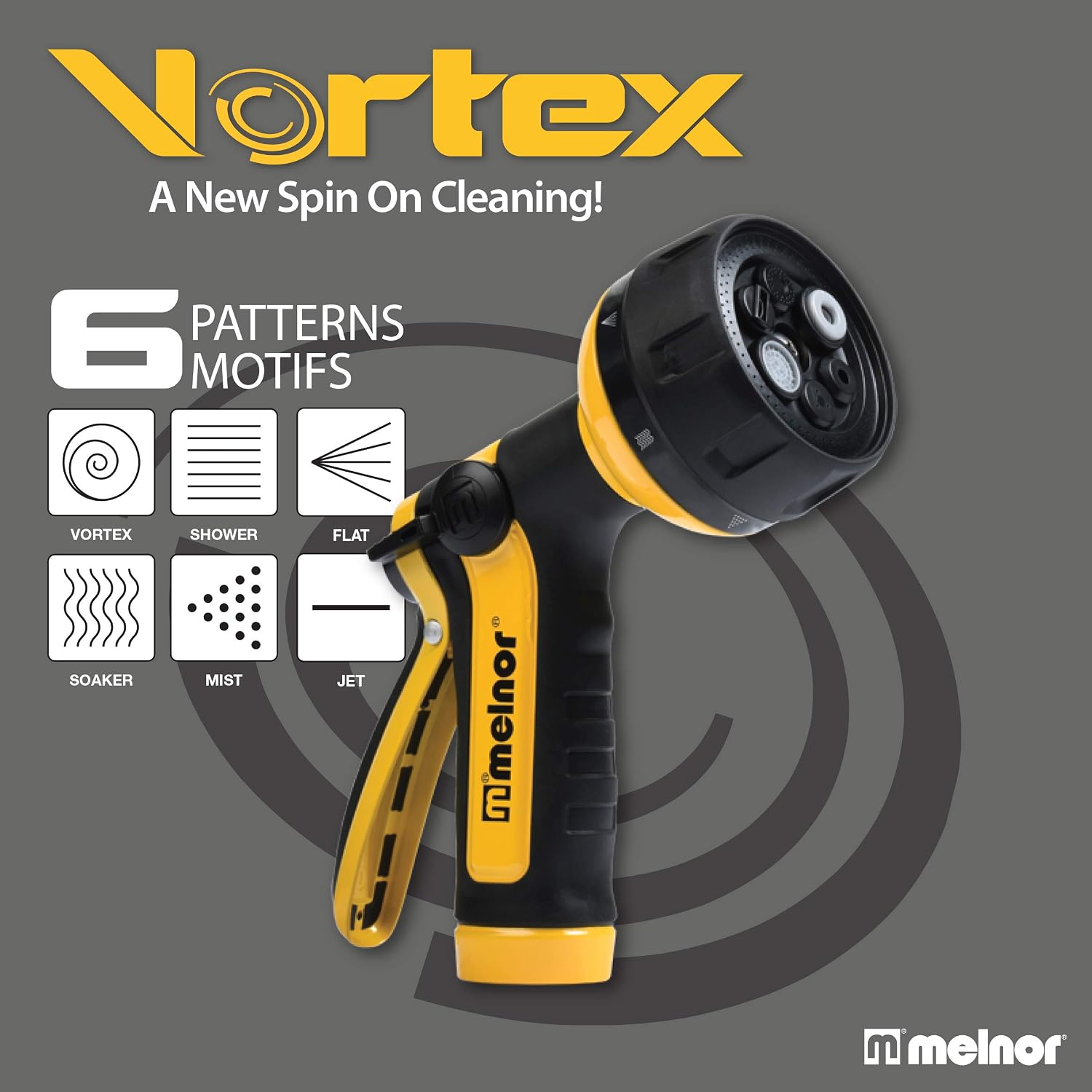 Melnor 65112-AMZ 6-Pattern Vortex Water Hose Sprayer Nozzle, QuickConnect Product Adapter, Black, Yellow, Slip