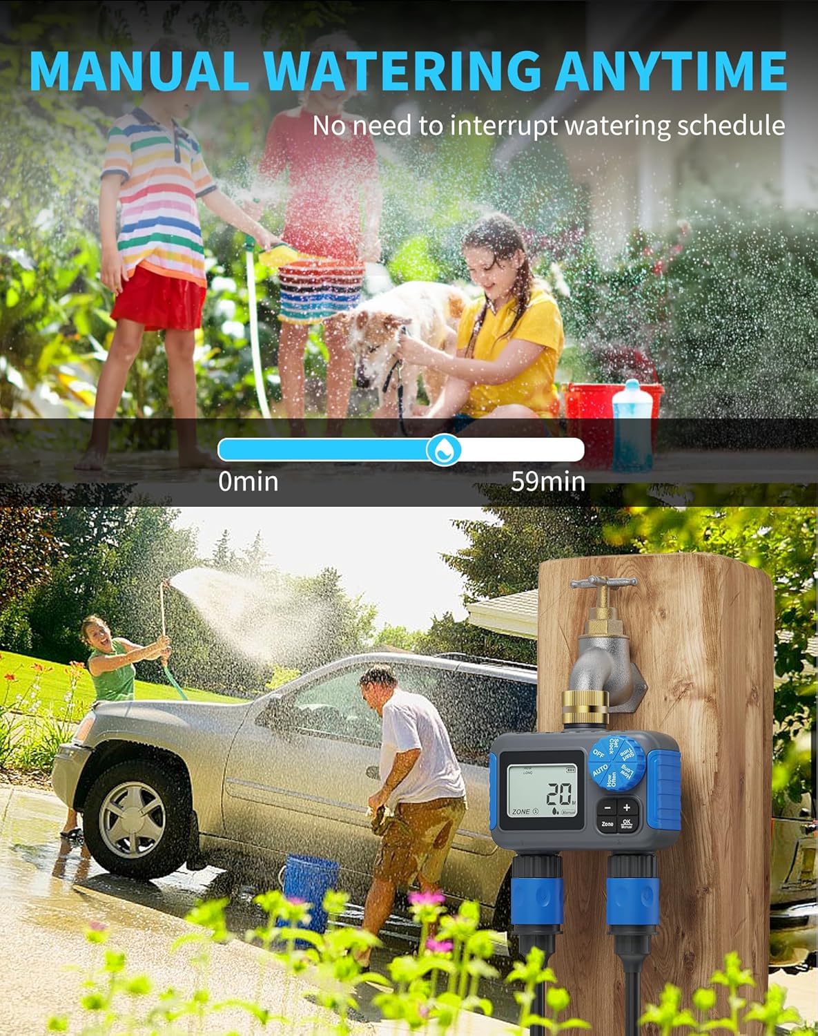Sprinkler Timer, 2 Zone with Brass Swivel, Digital Irrigation Controller System with Rain Delay/Manual/Automatic