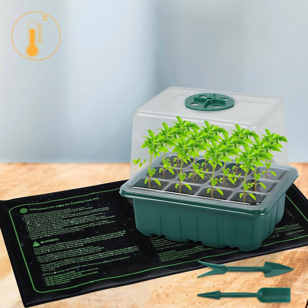 7-Pack Seed Starter Tray with Heat Mat (12 Cells per Tray), Plant Germination Trays with Adjustable Humidity Dome Seed