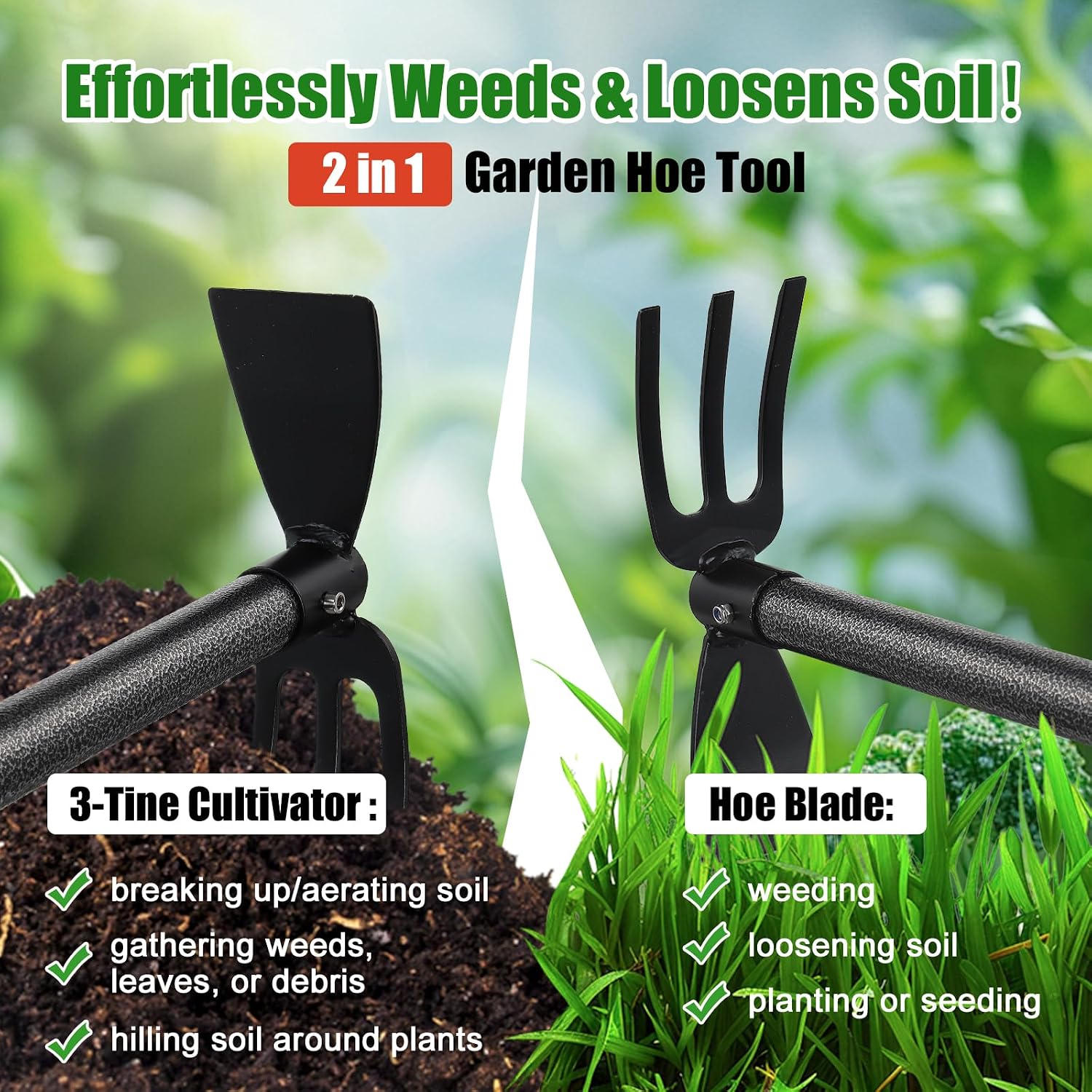 Garden Hoe with 3-Tine Cultivator Rake, 2-In-1 Carbon Steel Sharp Weeding Tool with 60 " Long Handle For Weed Removal