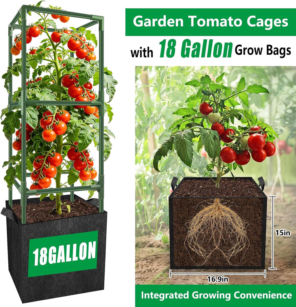 3 Set 49" Square Tomato Cages with 18 Gallon Grow Bags, Steel Trellis | Heavy Duty Tomato Trellis Kit, Garden Plant