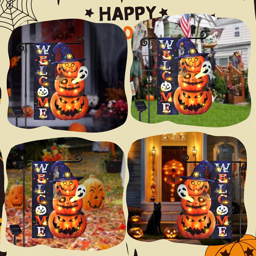 Halloween Lighted Garden Flag, Pumpkin Yard Decor, 12x18 In | Solar Powered, 8 Modes, Double Sided, Welcome Pumpkin