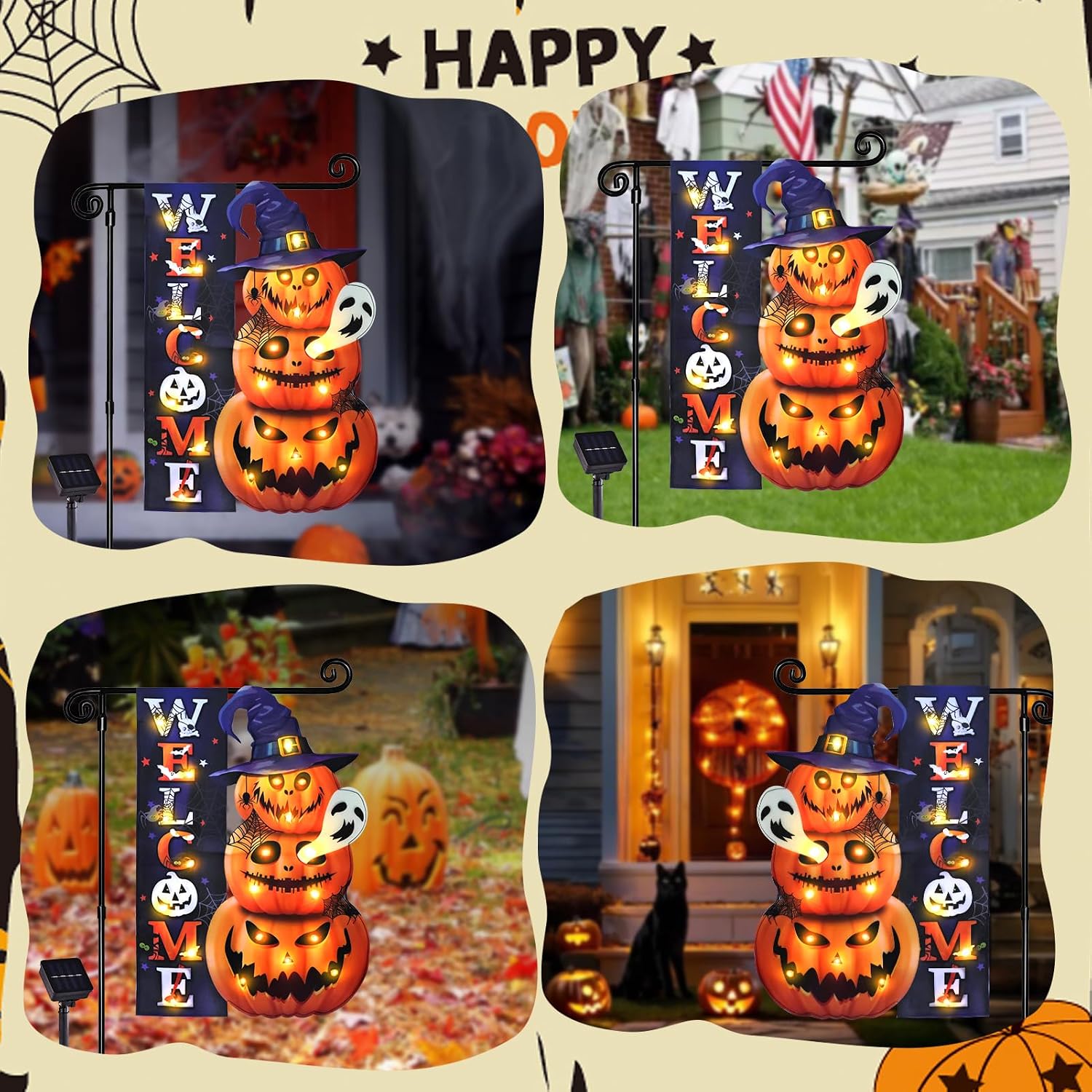 Halloween Lighted Garden Flag, Pumpkin Yard Decor, 12x18 In | Solar Powered, 8 Modes, Double Sided, Welcome Pumpkin