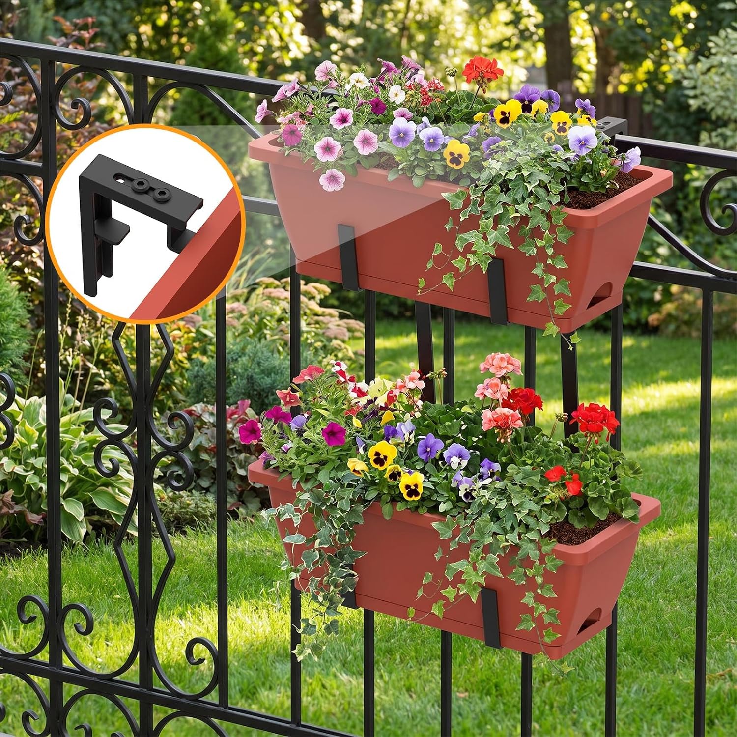 CADUKE Railing Planters Outdoor Balcony, 16.9" Hanging Flower Pots, Fence Planters for Deck Patio Garden with Drain