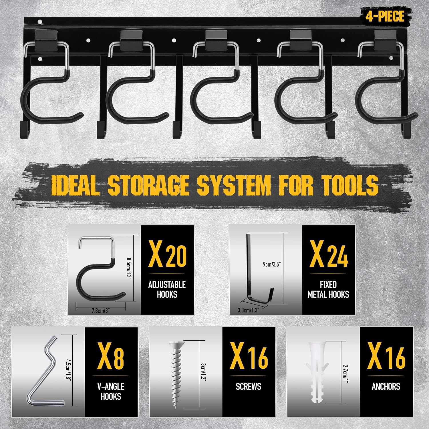 68'' All Metal Adjustable Garden Tool Organizer: Garage Tool Organizer Wall Mount with Black Hooks, Garage Organizers