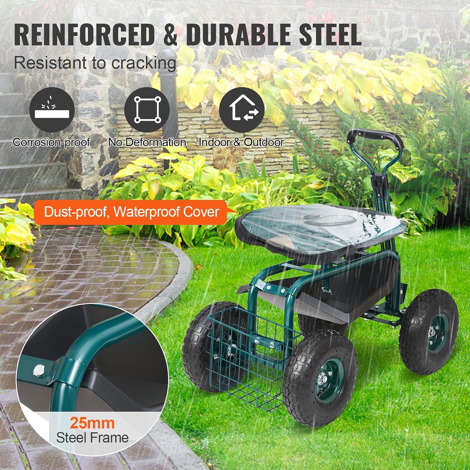 VEVOR Garden Cart Rolling Workseat with Wheels, Gardening Stool for Planting, 360 Degree Swivel Seat, Wagon Scooter