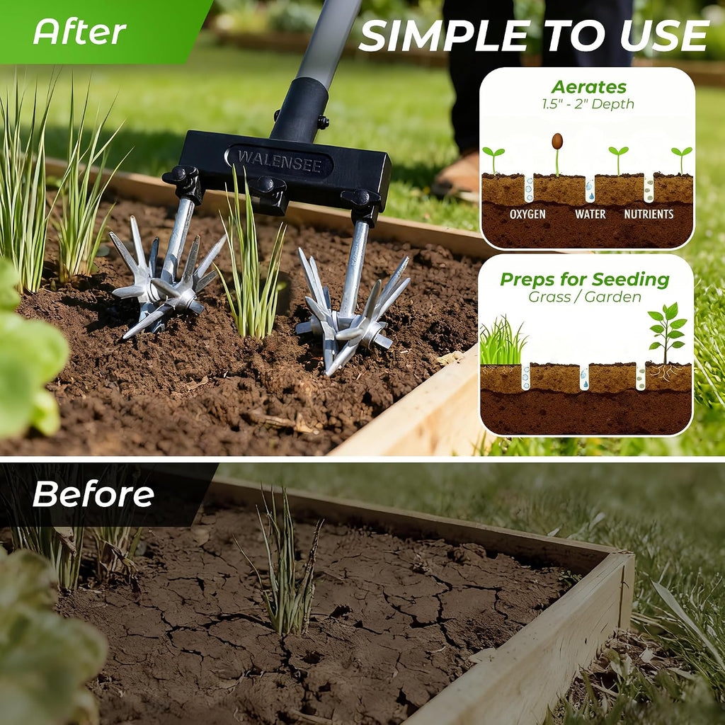 Walensee Rotary Cultivator, Hand Tiller for Soil Mixing or Reseeding | Star-Shaped Rotating Tines Break Up Soil Clods