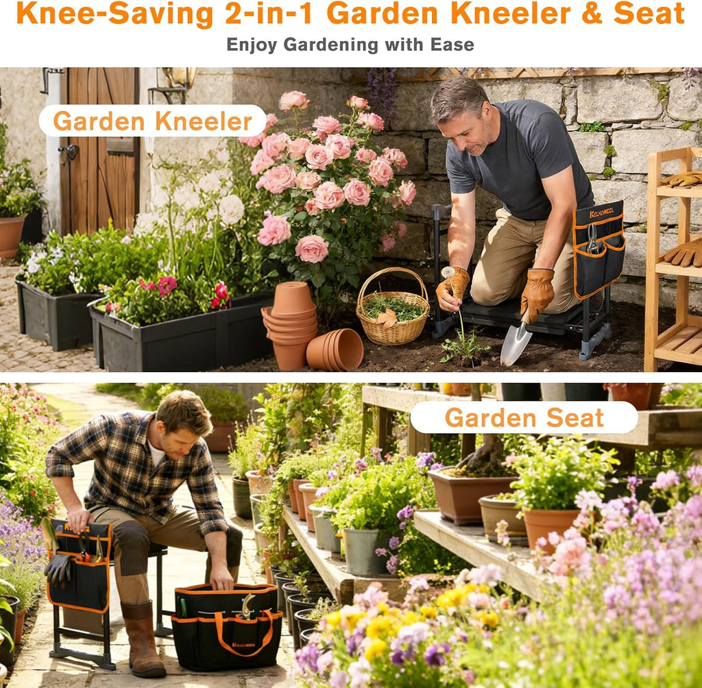 Garden Kneeler and Seat, Extra Wide Thick EVA Pad, Heavy Duty Foldable Garden Bench Holds 350lbs, Ergonomic Kneeling