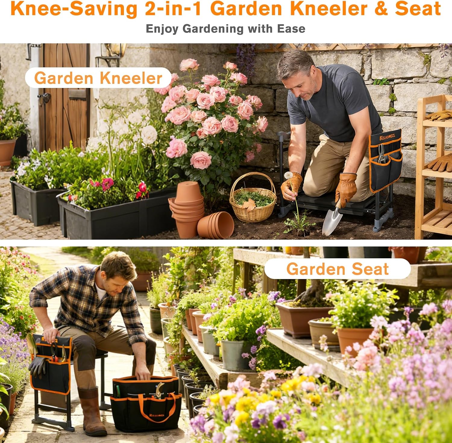 Garden Kneeler and Seat, Extra Wide Thick EVA Pad, Heavy Duty Foldable Garden Bench Holds 350lbs, Ergonomic Kneeling