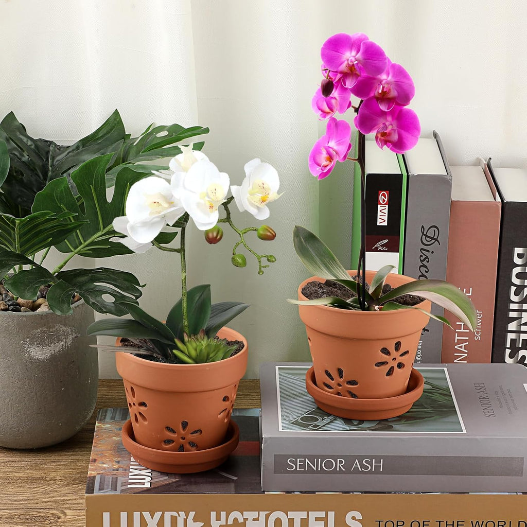 JUXYES Small 4" Hollowed Out Terracotta Orchid Pots with Holes and Saucer | 6 Pack Natural Rustic Clay Planter Pots for