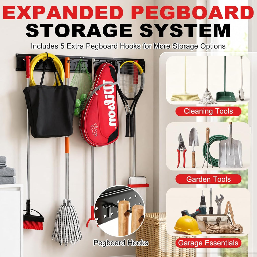 Garage Tool Organizer Wall Mount 49.5 inches with 10 Adjustable Heavy-Duty Hooks, Garage Organization, Garden Tool