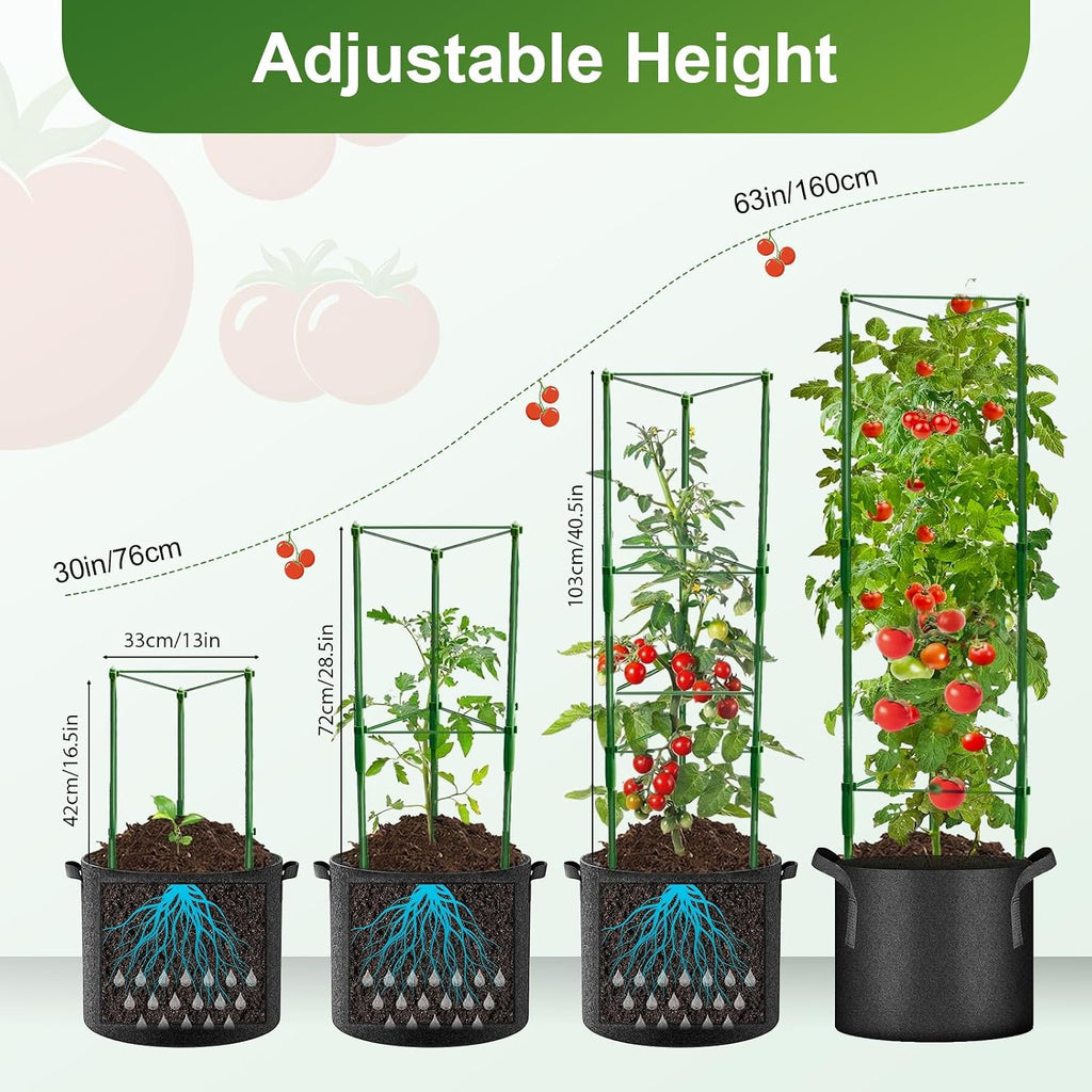 3 Pack Tomato Cage with 10 Gallon Grow Bags, 48" Height Adjustable Tomato Trellis with 65Ft Twist Tie, Heavy Duty