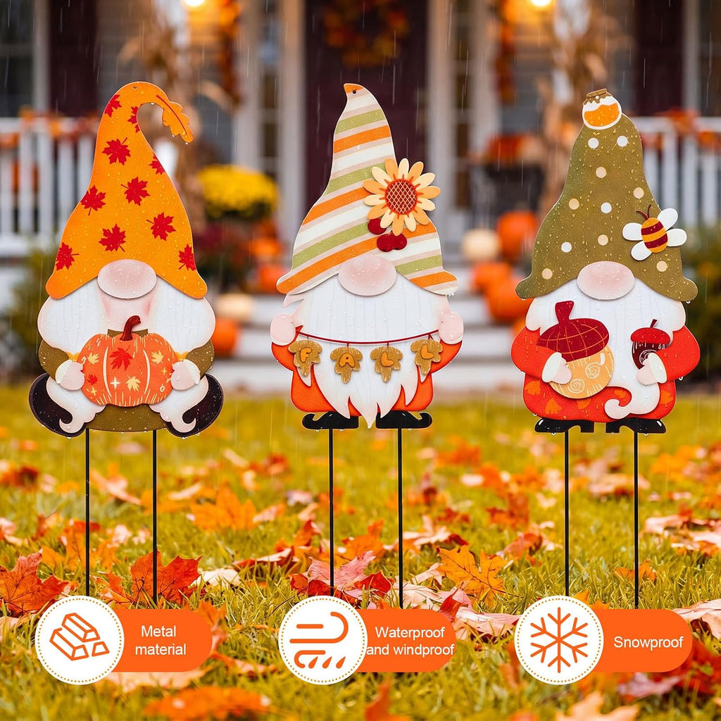 3 Pcs Fall Gnome Stakes Metal Autumn Garden Decor for Outside | Yard Signs Outdoor Decor Harvest Welcome for