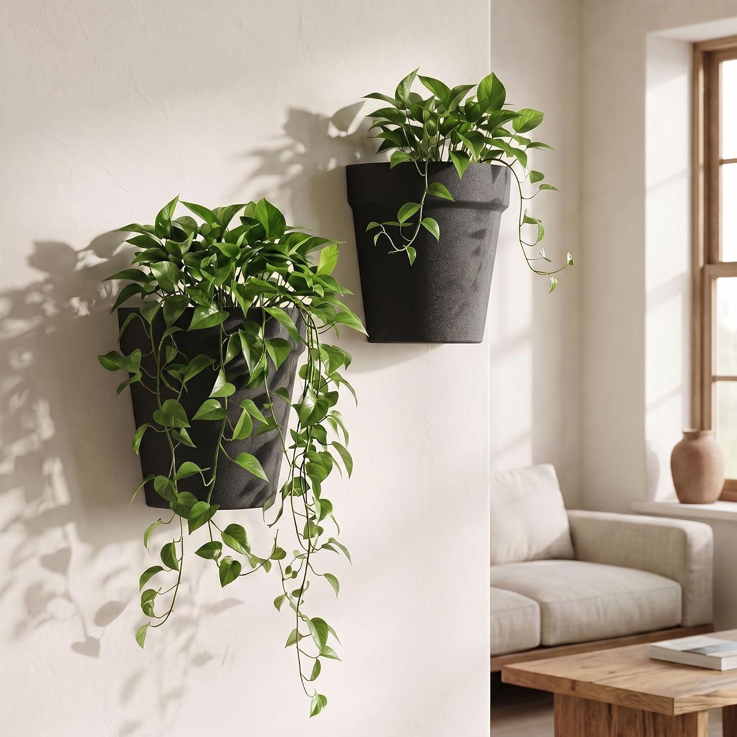 Asnext 2 Pack Indoor Wall Planter, 7.5 Inch Wall Hanging Planter, Black | Plastic Wall Planter Set, Wall Planter Pot