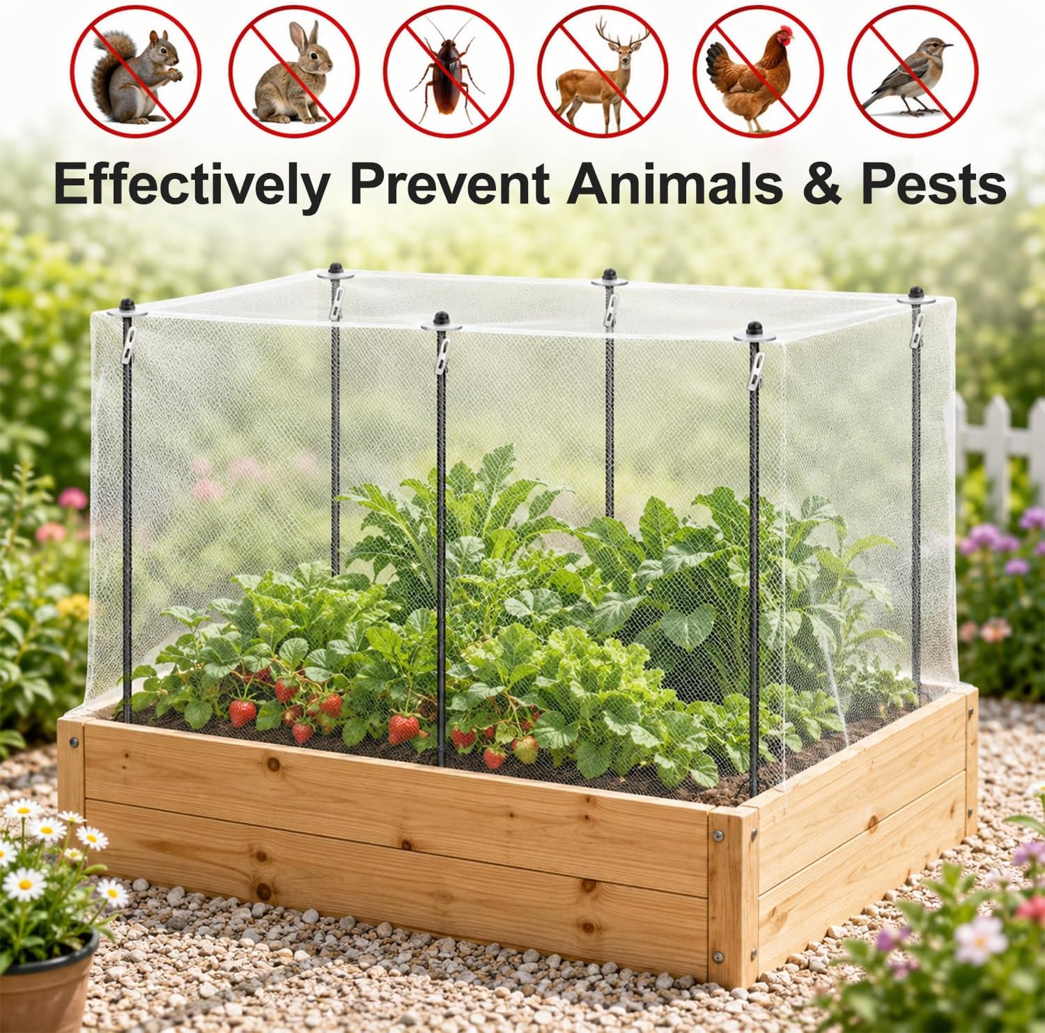 9.8×15FT Garden Netting Covers Kit for Raised Beds, 6 Pack 2.6FT Garden Poles Support Stakes with Pest Barrier Plant