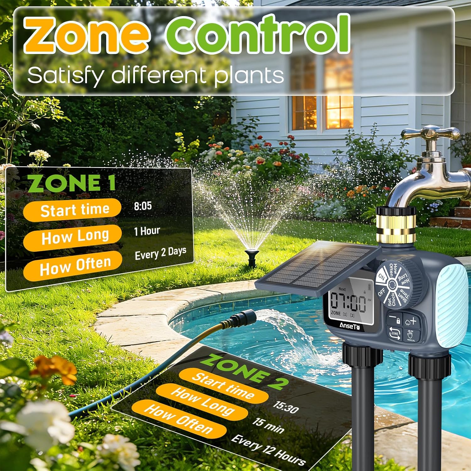 Solar Sprinkler Timer,2 Zone Brass Inlet Water Timer for Garden Hose | Programmable Intelligent Automatic Plant