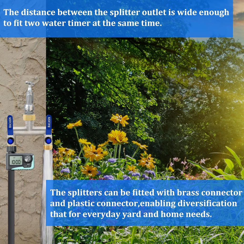 Brass Garden Hose Splitter 2-Way Heavy Duty - 3/4" GHT Threads with 2×304 Stainless Steel Handles, High Flow Design for