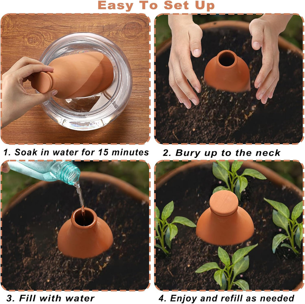 JUXYES 3 Pack Terracotta Self Watering Pots Watering System Planter Spikes | 25.3 oz Plant Watering Globes with Lid