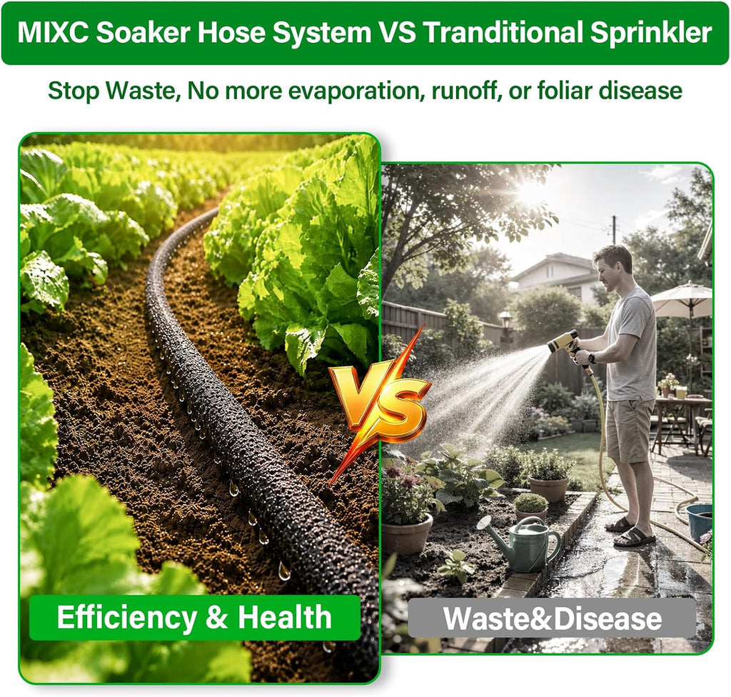 MIXC Drip Irrigation System with 100FT 1/4" Soaker Hose | 80% Water Savings, Weeping Tech for Deeper Root Watering