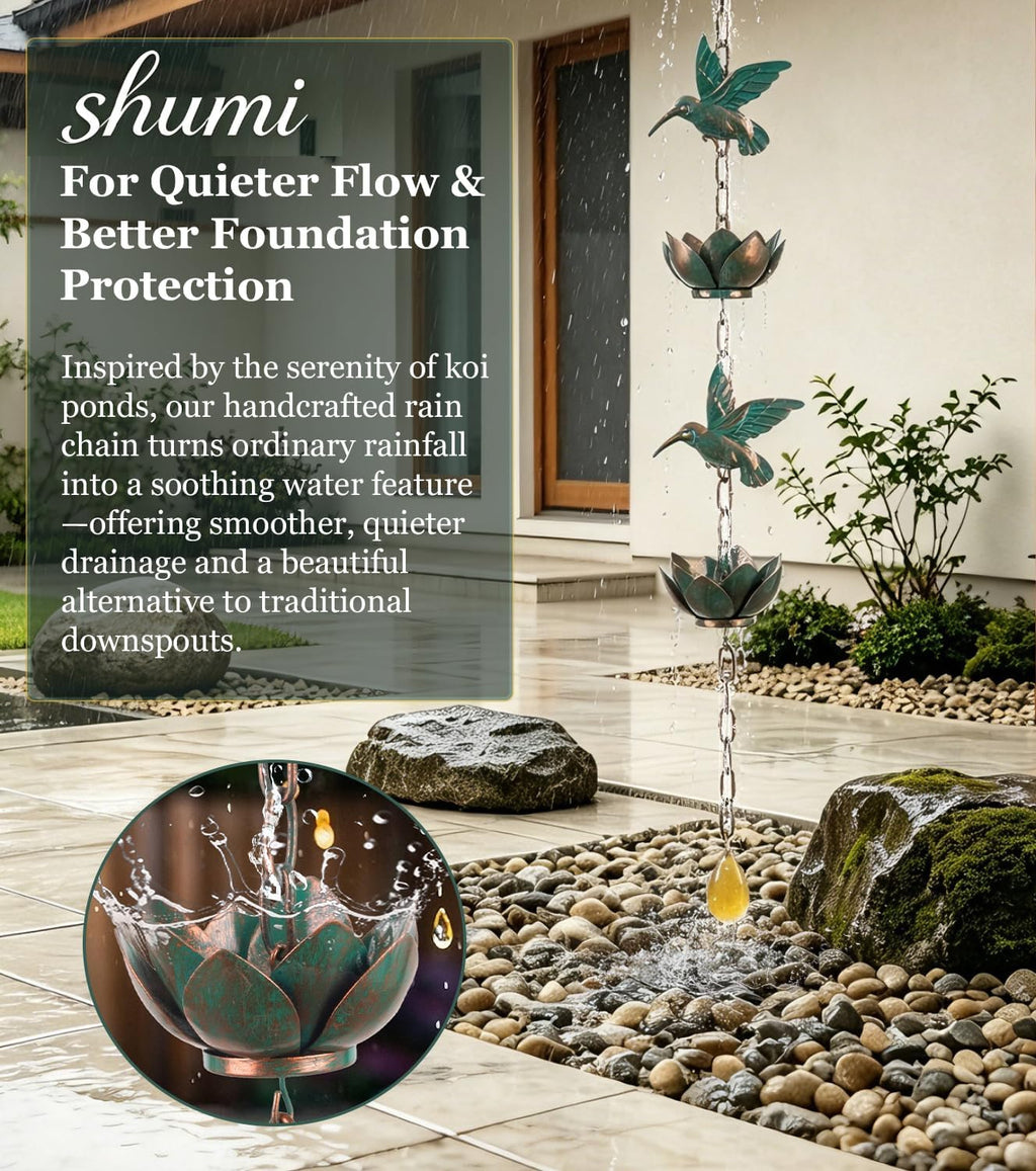 shumi Rain Chain for Gutters, 8.8 FT Decorative Heavy Duty Rain Chain | 12 Hummingbird & 12 Lotus Cups, Copper Plated