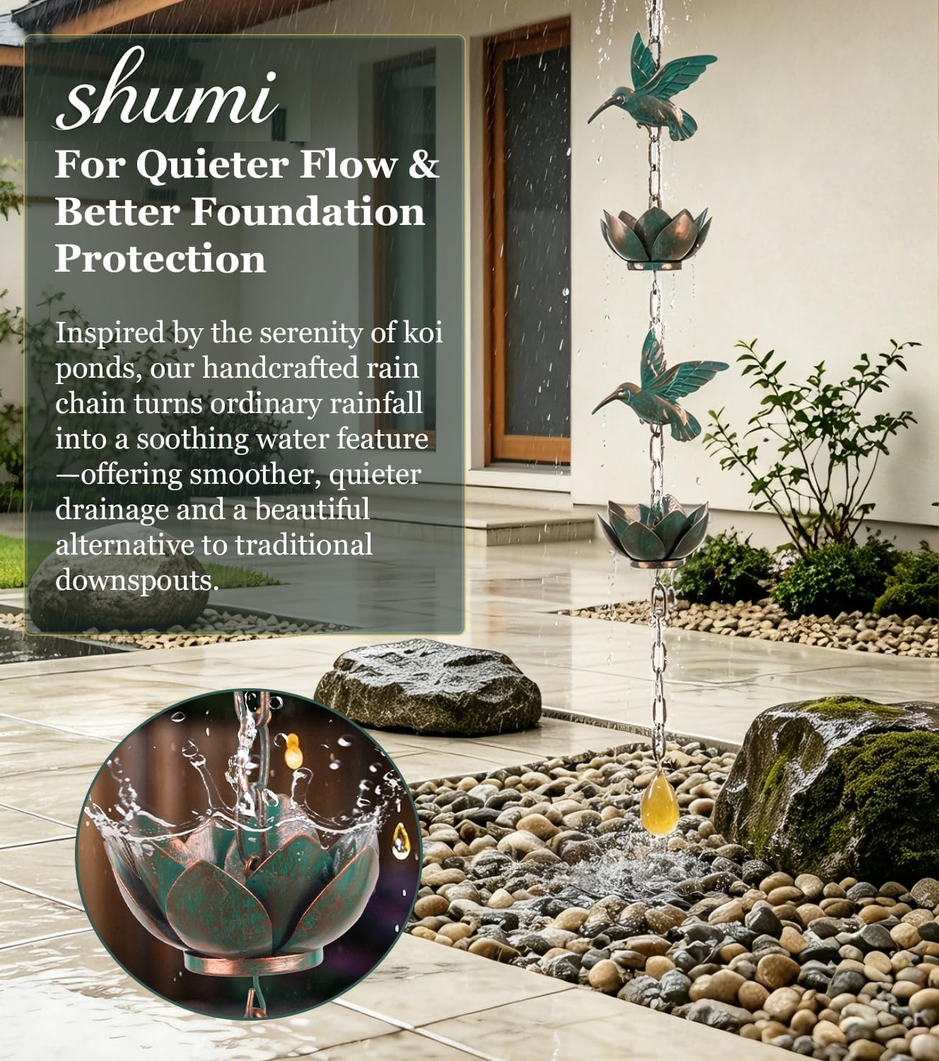 shumi Rain Chain for Gutters, 8.8 FT Decorative Heavy Duty Rain Chain | 12 Hummingbird & 12 Lotus Cups, Copper Plated