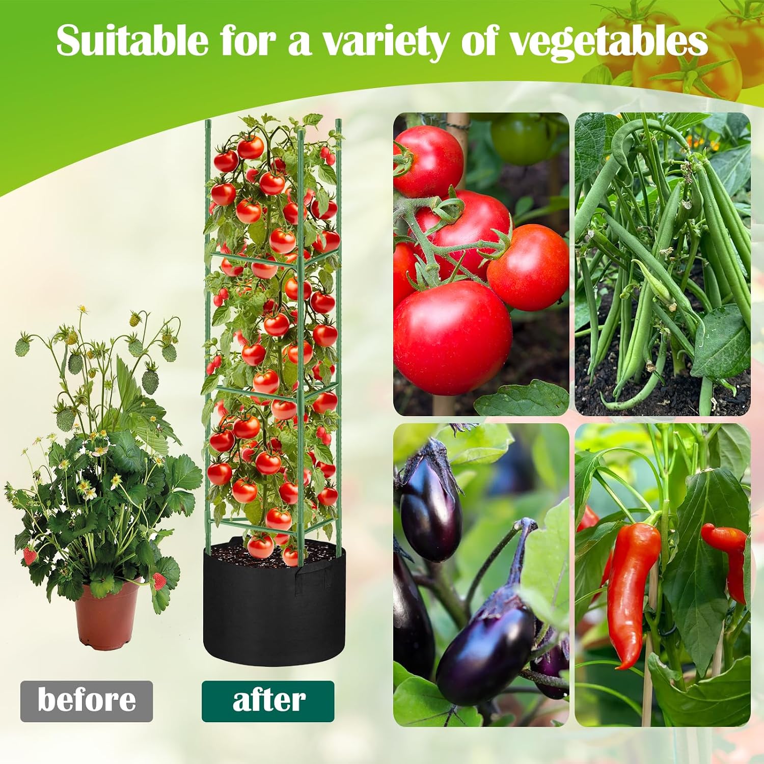 4 Pack Tomato Cages 55 x 12 Inch for Garden with 11 Gallon Round Planter | Pots Grow Bags with Heavy Duty Triangle