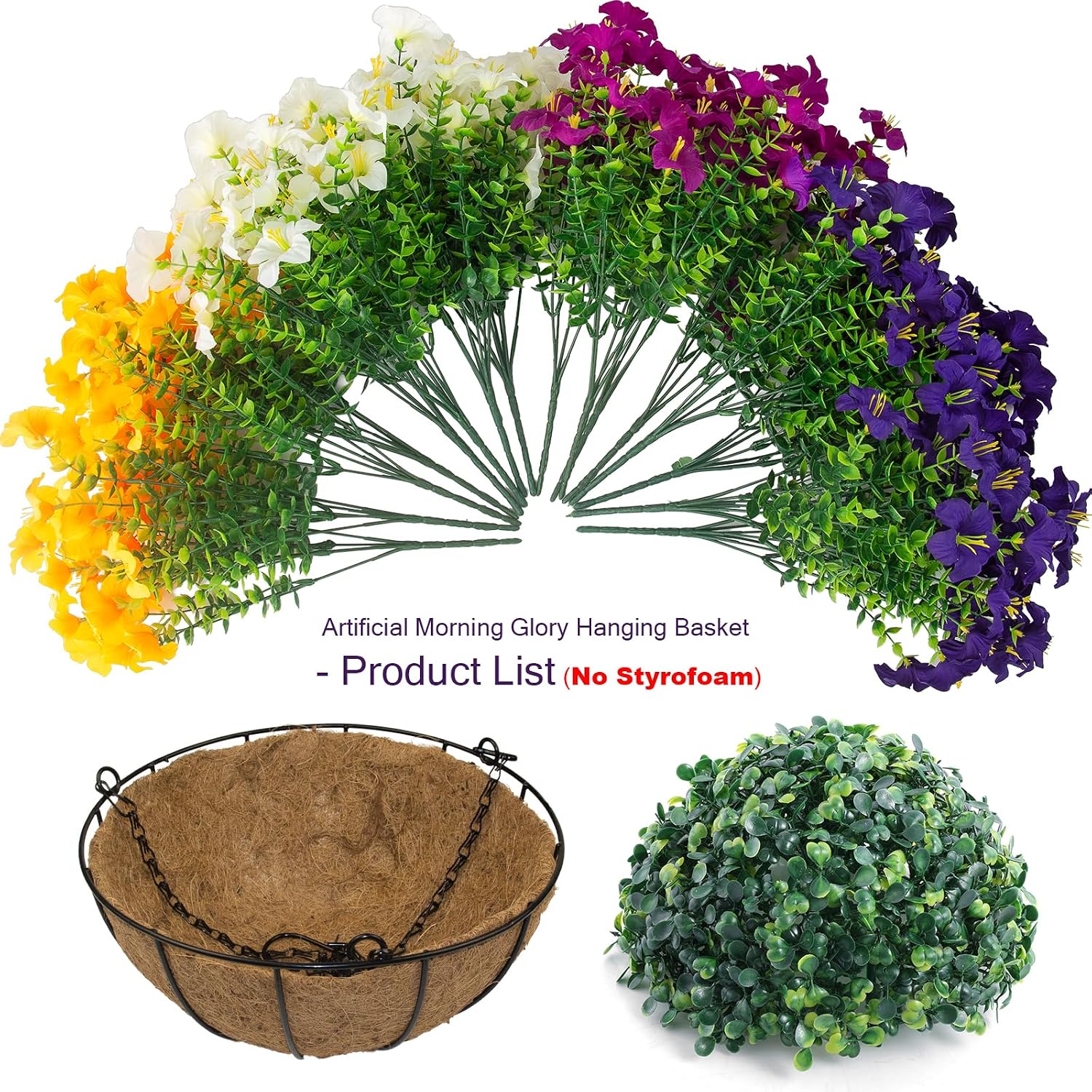 2 Set Artificial Outdoor Flowers with Hanging Baskets,24 Pcs UV Resistant Faux Petunias Flowers with Hanging Planter