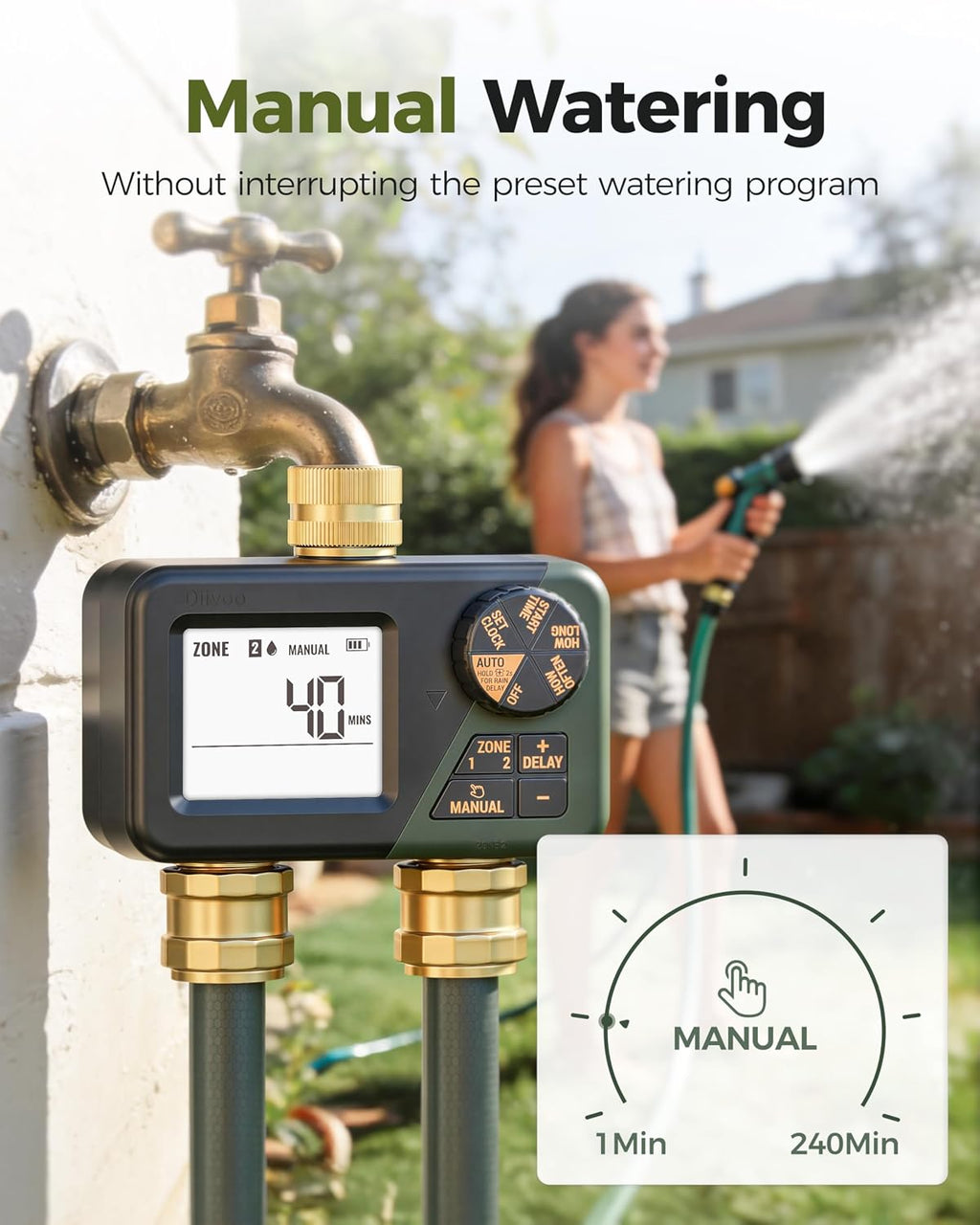 Diivoo Brass Hose Timer 2 Outlet, Sprinkler Timer for Garden Hose | IP66 Waterproof, Large Display Easy Program, Rain