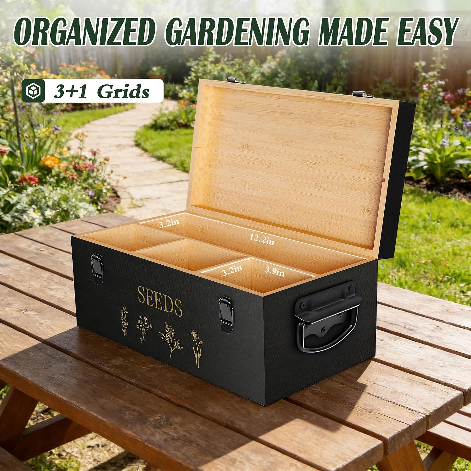 Bamboo Seed Storage Organizer, Large Garden Seed Organizer with Lid & Safety Lock & Handles, Seed Box Includes Seed