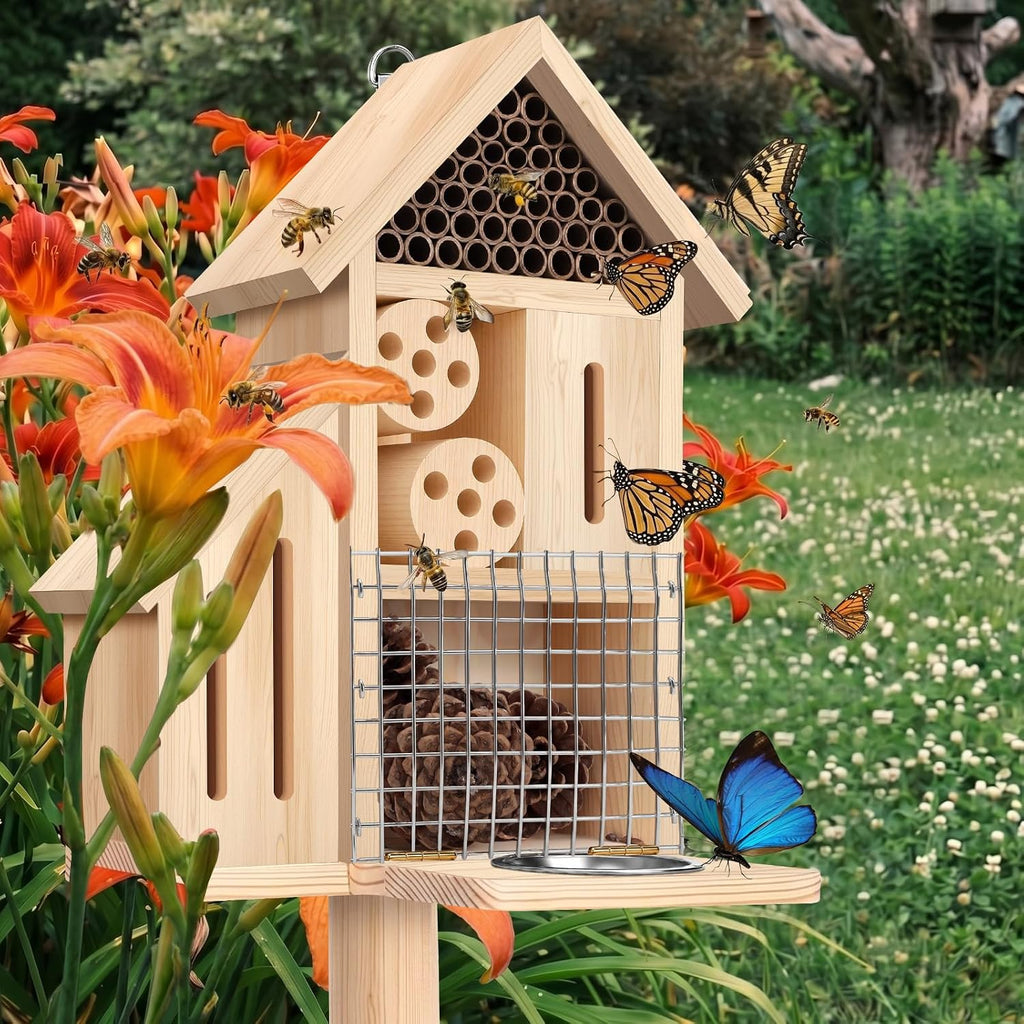 Wooden Insect Hotel Bee Ladybugs Butterfly House Large Natural Mason Bee Lady Bug Hotel with Stake and Feeder for