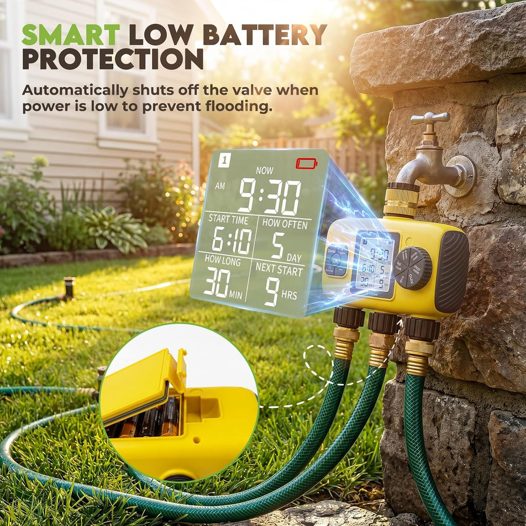 3 Zone Sprinkler Timer for Garden Hose, Brass Inlet Yard Irrigation | Programmable Auto & Manual Water Timer with LCD