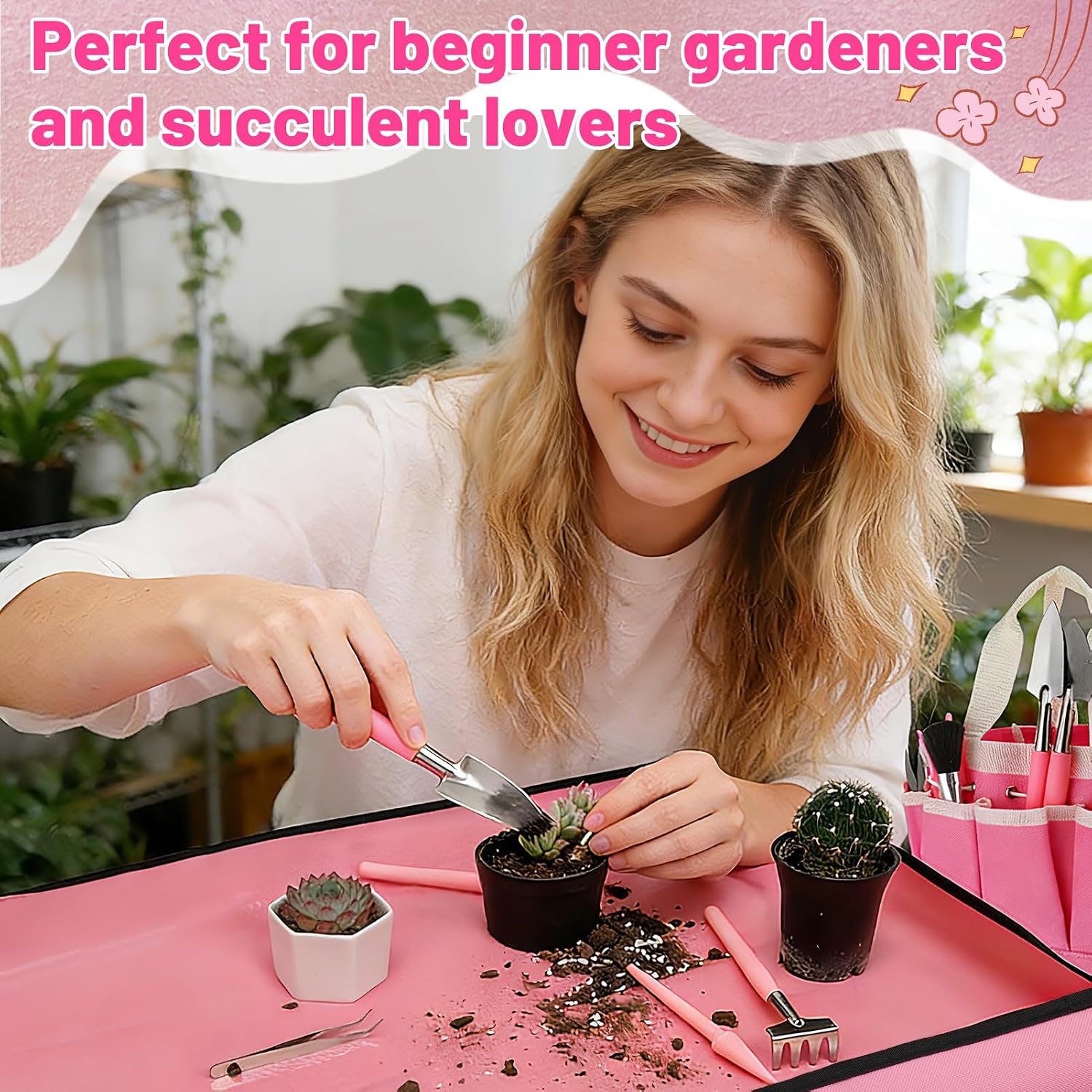 ANPHSIN 44pcs Small Gardening Tools Gifts for Women Beginners, Pink | Garden Hand Tools Set for Indoor Succulent