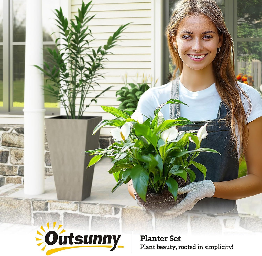 Outsunny 28 in Tall Planters for Outdoor Plants with Drainage Holes, Grey | Set of 3, Taper Planters, Indoor Grande