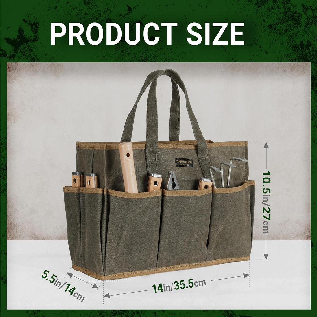 Waxed Canvas Garden Tool Bag Tote, 14 Inch Tool Bag with 10 External Pockets & 1 Large Compartment, Army Green