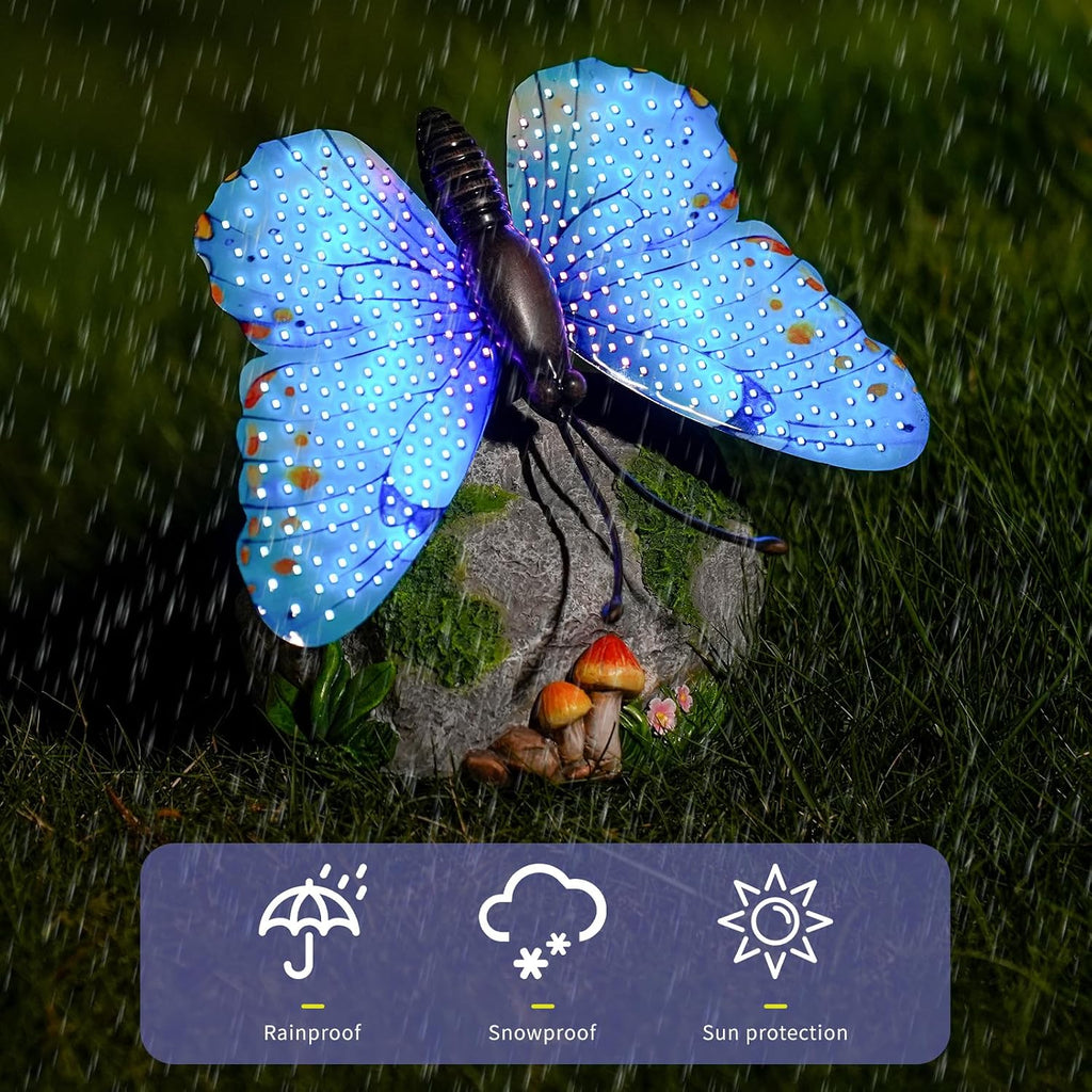 WSgift Solar Butterfly Garden Statue Weatherproof Outdoor Hand-Painted Decor Butterfly Resin Figurine Blue