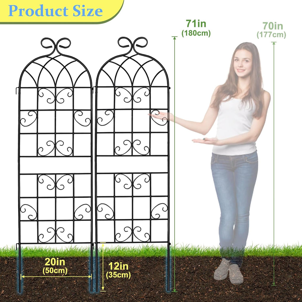Lorenzo 2 Pcs 70 x 20 Inch Rustic Iron Garden Trellis for Climbing Plants Outdoor, Black Metal Arch Decoration Plant