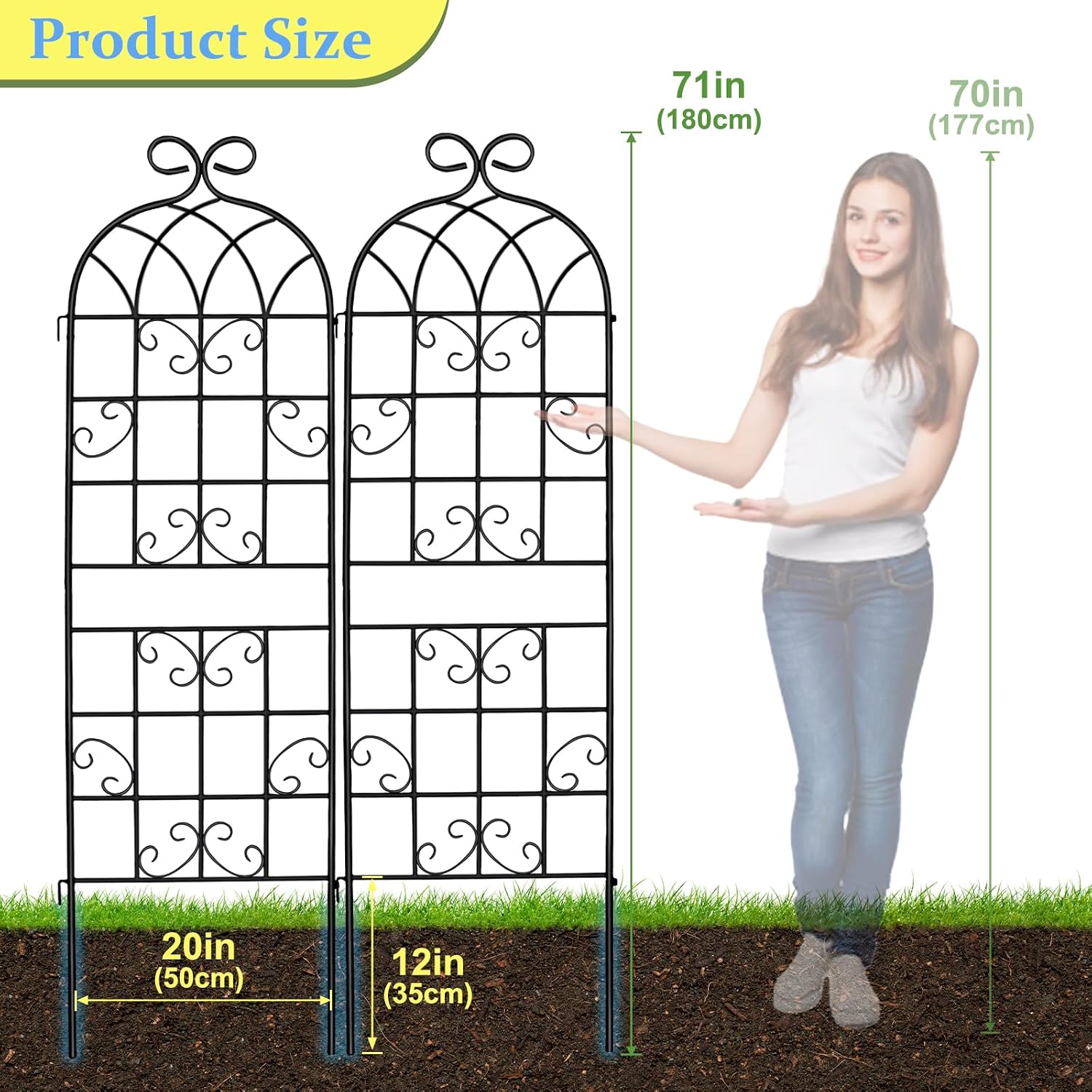 Lorenzo 2 Pcs 70 x 20 Inch Rustic Iron Garden Trellis for Climbing Plants Outdoor, Black Metal Arch Decoration Plant