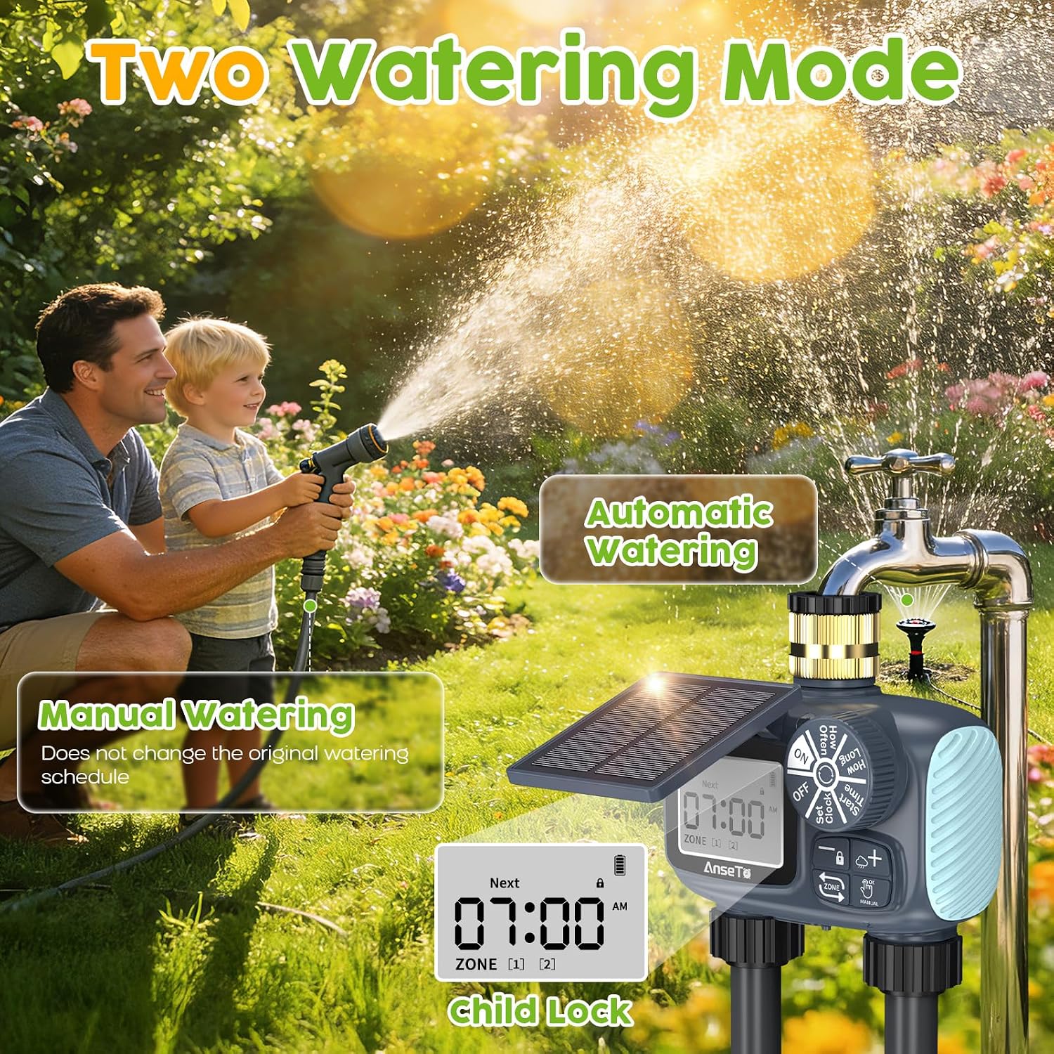 Solar Sprinkler Timer,2 Zone Brass Inlet Water Timer for Garden Hose | Programmable Intelligent Automatic Plant