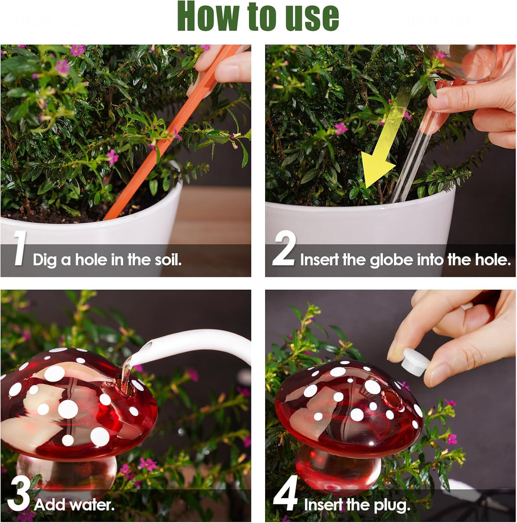 NiHome Self Watering Globes Mushroom Glass Bulbs Set of 3, Indoor Outdoor | Hand-Blown, Vibrant Colorful Irrigation