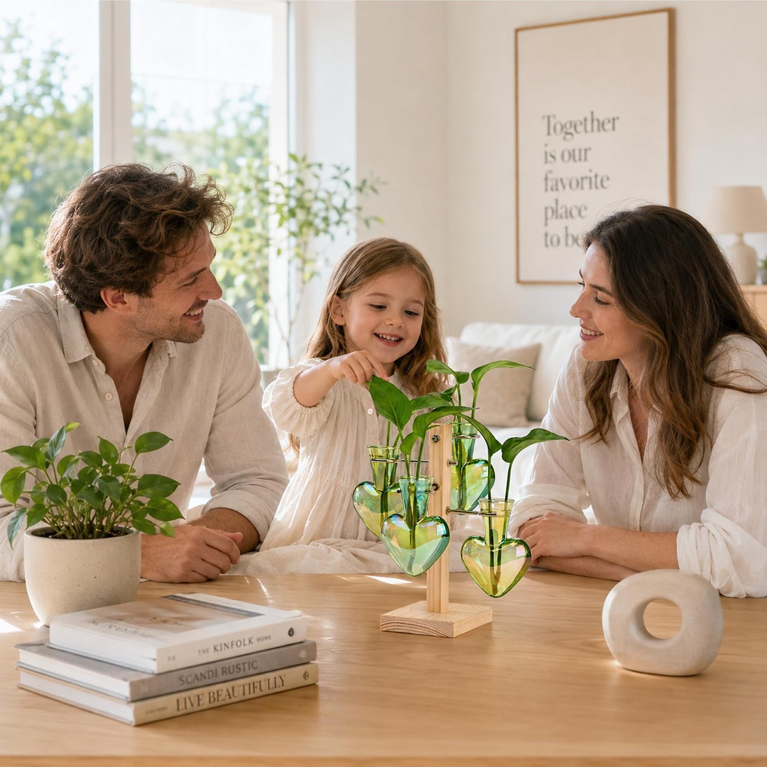 Plant Terrarium Propagation Stations: Green Vase with Wooden Stand | 4 Irised Crystal Glass, Heart Shaped, Home Table