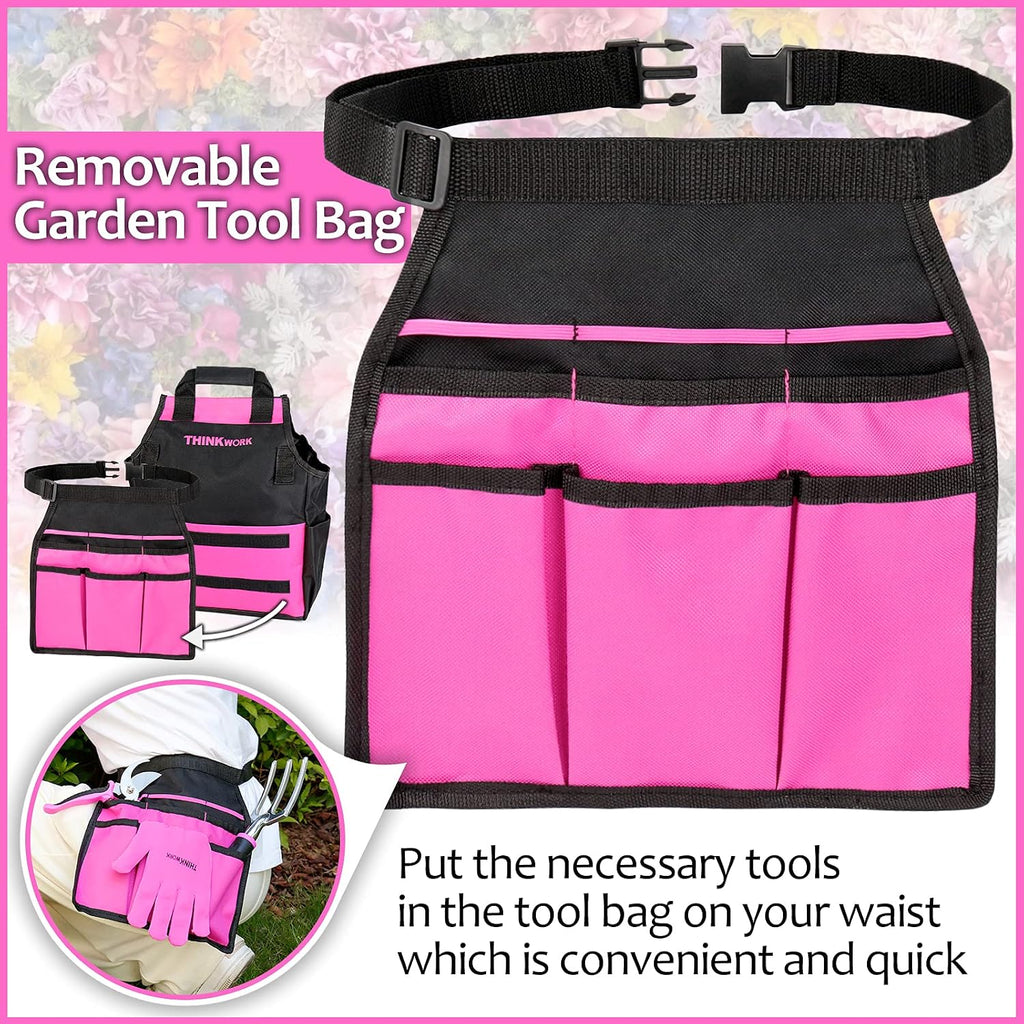 THINKWORK Pink Garden Tools, Gardening Gifts for Women, with 2 in 1 Detachable Storage Bag, Trowel, Transplanter, Rake