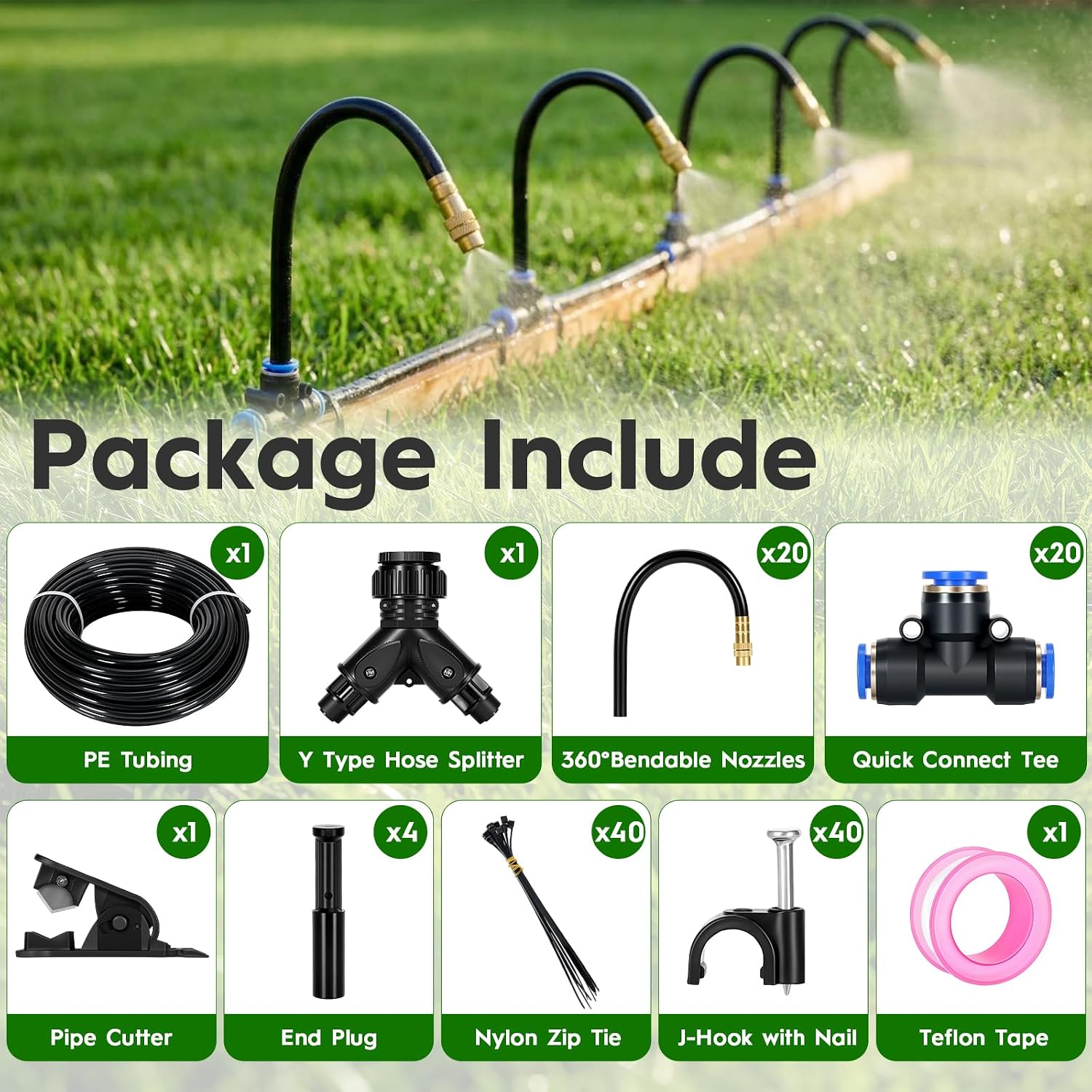 100FT Drip Irrigation System, 1/4" PE Tubing Garden Watering System with 20pcs 360° Bendable Copper Nozzles