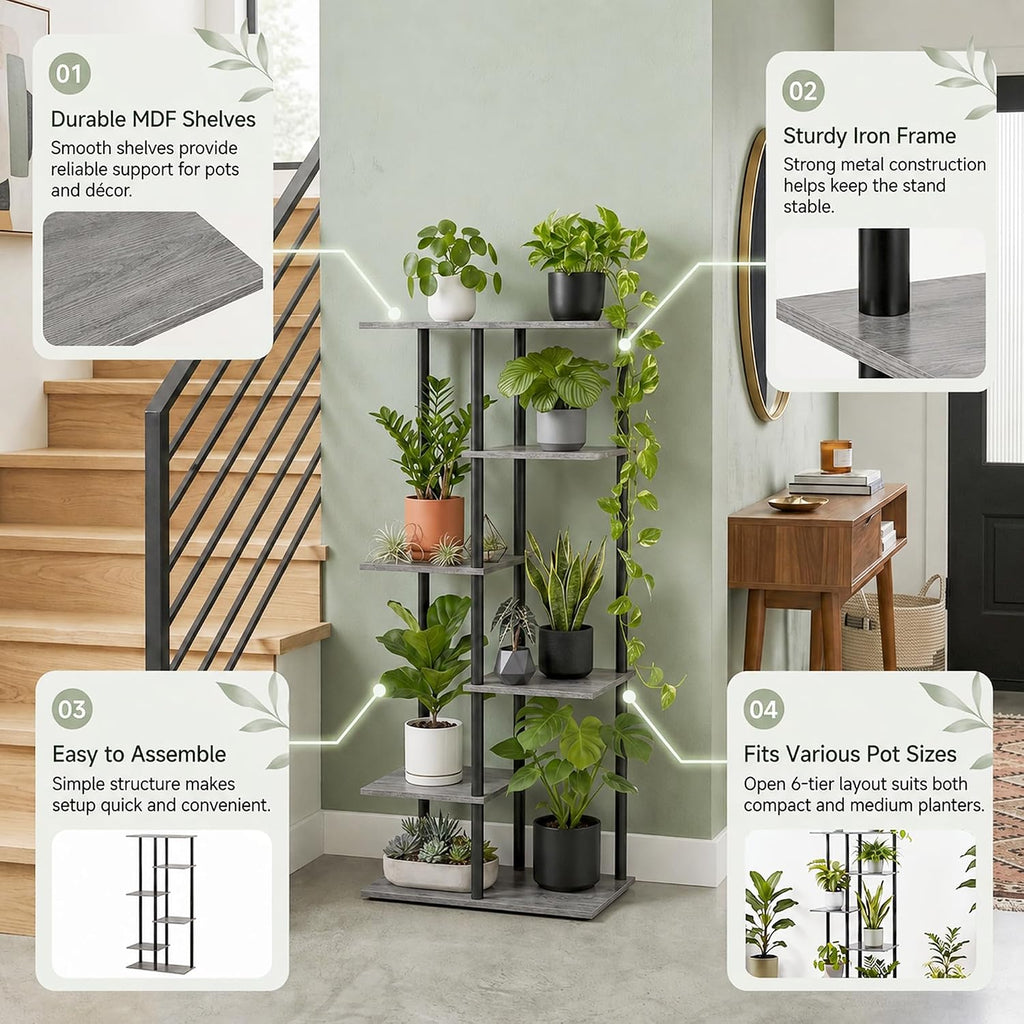 Corner Tall Plant Stand Indoor 6 Tier 8 Potted, Oak Grey | Functions as Flower Pots, Shelf, Decor Rack, Holder, Metal