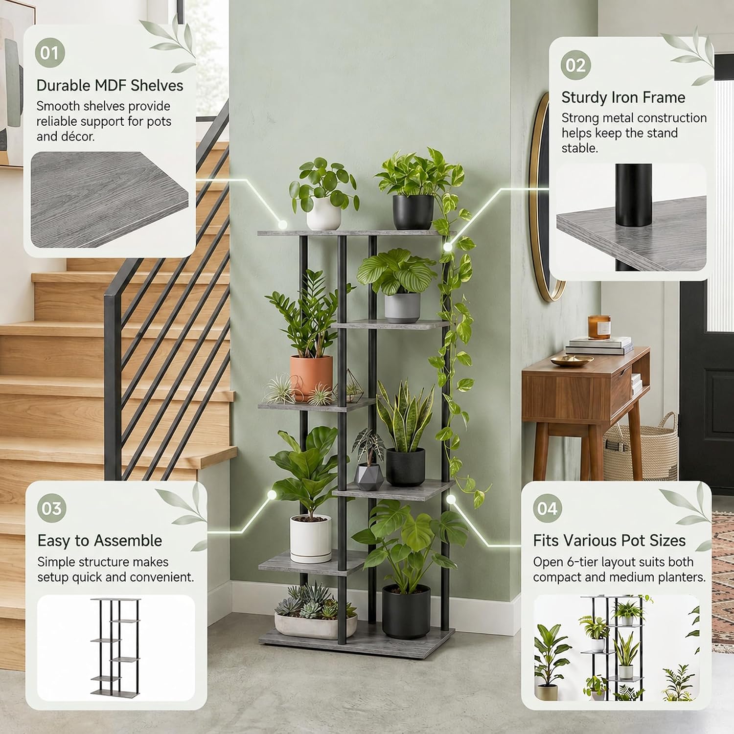 Corner Tall Plant Stand Indoor 6 Tier 8 Potted, Oak Grey | Functions as Flower Pots, Shelf, Decor Rack, Holder, Metal