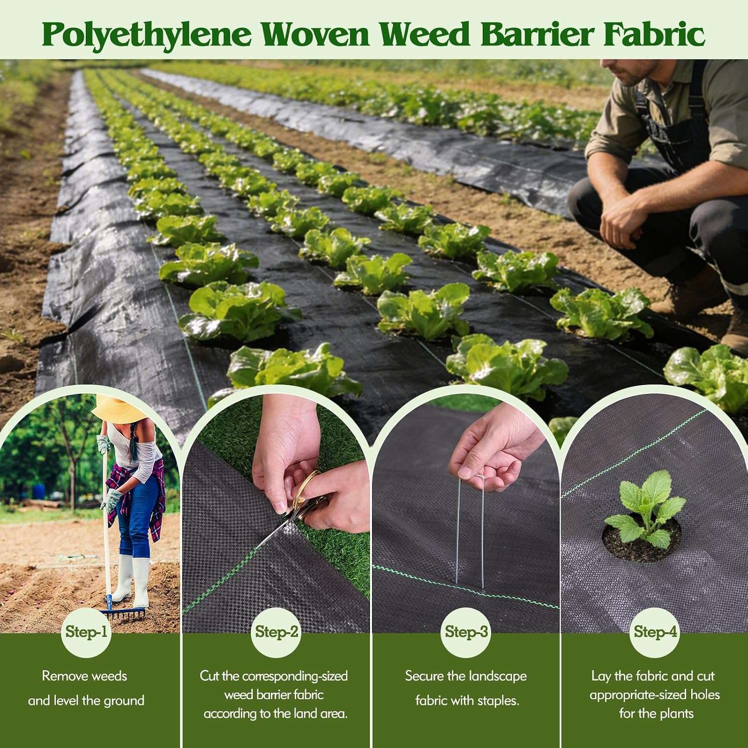 HongWay 4FT x 300FT Weed Barrier Fabric, Heavy Duty Landscape Fabric | Weed Control Garden Cloth with 120 Staples