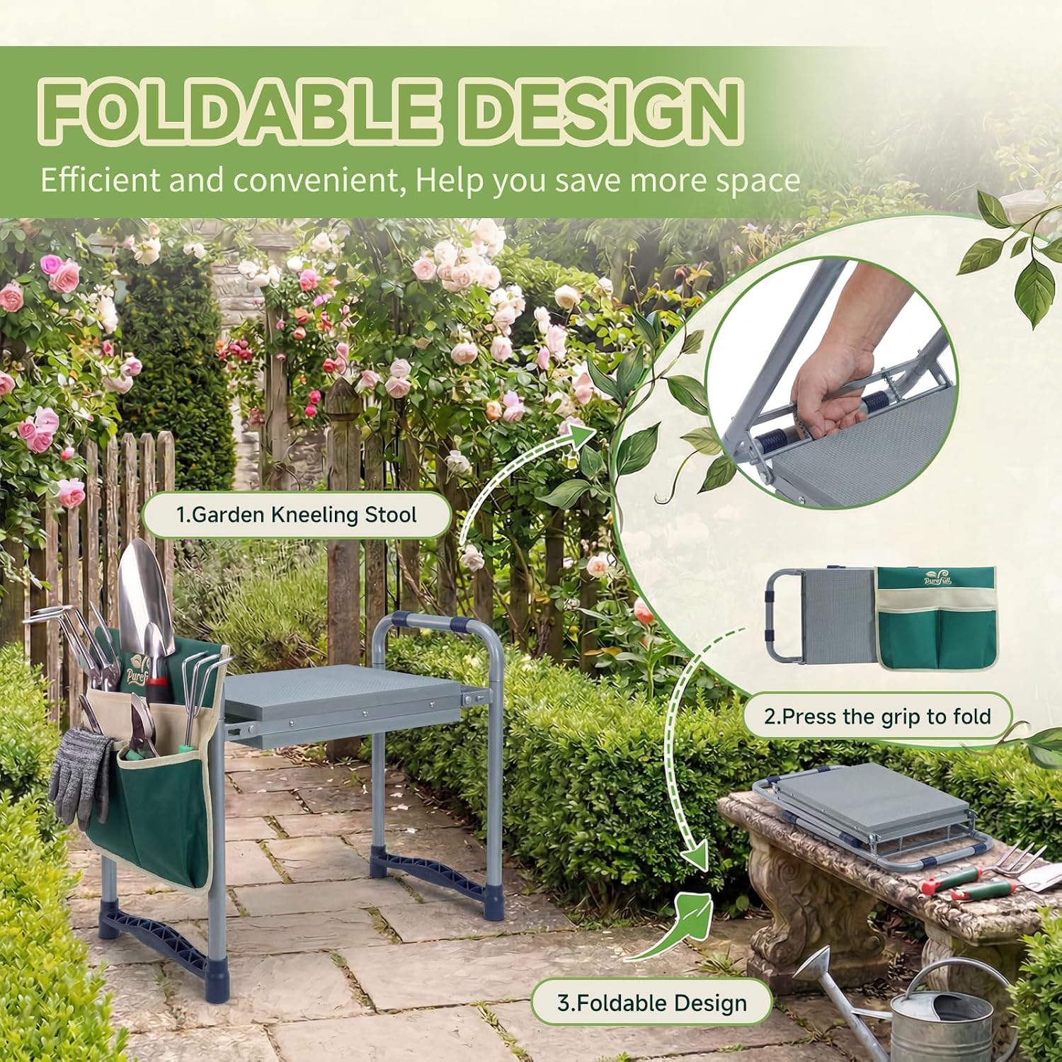 2-in-1 Heavy Duty Foldable Garden Kneeler And Stool With EVA Pad, Green | Wider Thicker Soft Foam Cushioning Includes