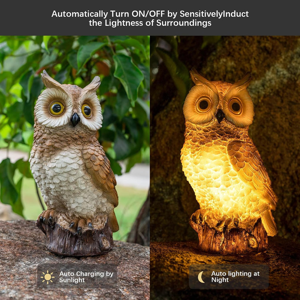 Solar Owl Garden Statues Outdoor Decor Resin Owl Figurine with LED Lights Owl Sculpture for Porch Patio Lawn Yard